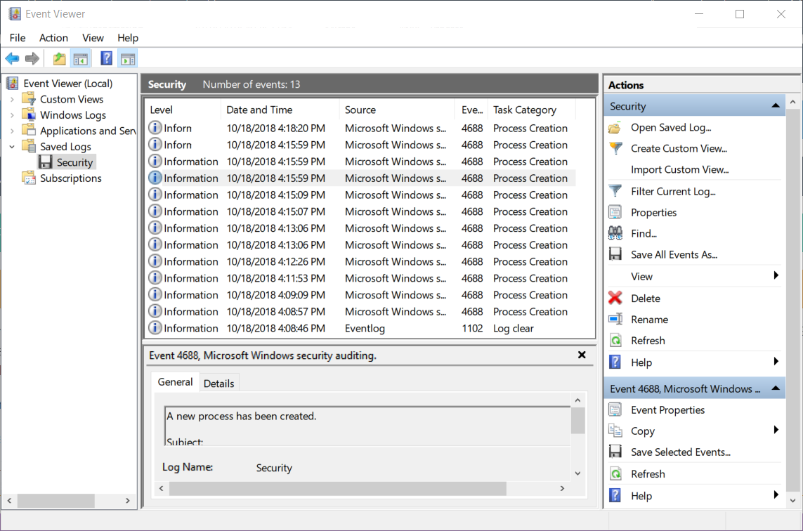 Event Viewer with the log file opened