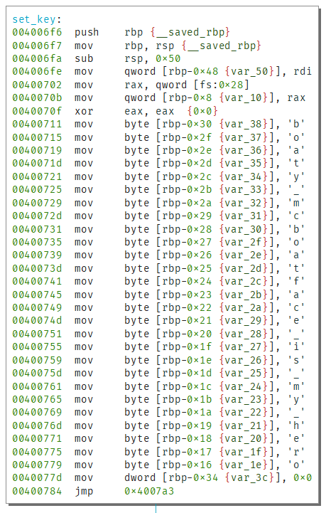 Disassembly of set_key function showing flag