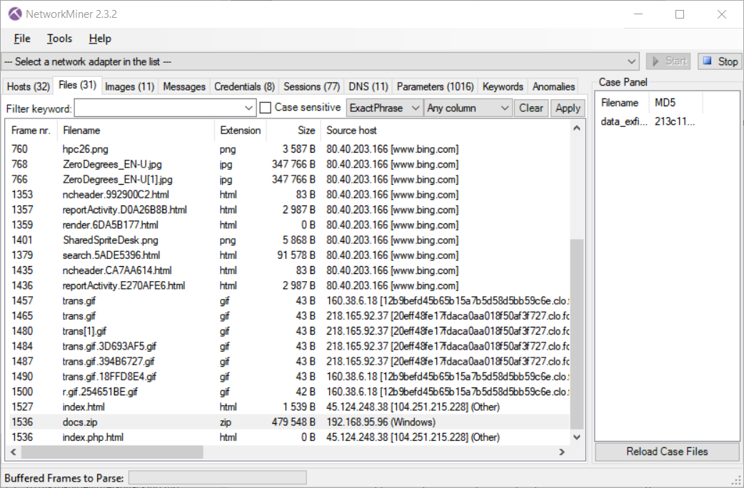 NetworkMiner with the pcap file loaded