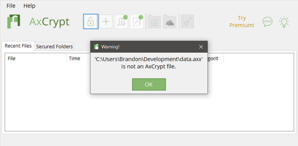 AxCrypt failing to load the file